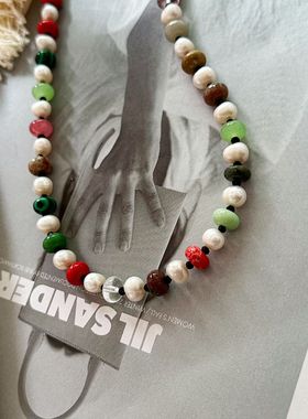 彩色天然石彩虹串珠项链小众设计时尚流行天然珍珠锁骨链气质百搭