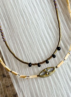 沙丘 美拉德风双层百搭小众棕色系天然石手作串珠项链