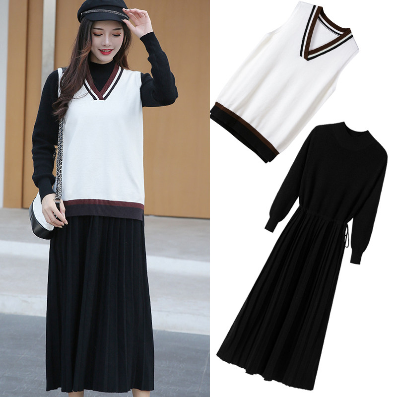裙子女秋冬2020新款冬裙大码女装胖mm显瘦两件套装气质针织连衣裙