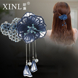 发卡古风花朵珍珠流苏一字夹仙女复古横夹顶夹韩国优雅马尾弹簧夹