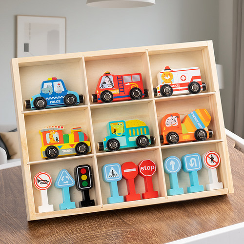 木制磁吸小火车儿童轨道玩具兼容双头磁力滑行惯性小汽车男孩礼物