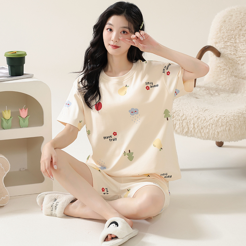 芬腾睡衣女夏季薄款短袖短裤100%纯棉休闲卡通夏天全棉家居服套装