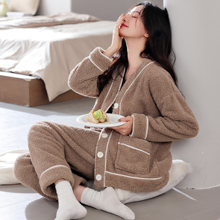 法兰绒家居服套装 芬腾睡衣女士冬季 开衫 加厚保暖珊瑚绒套装 秋冬款