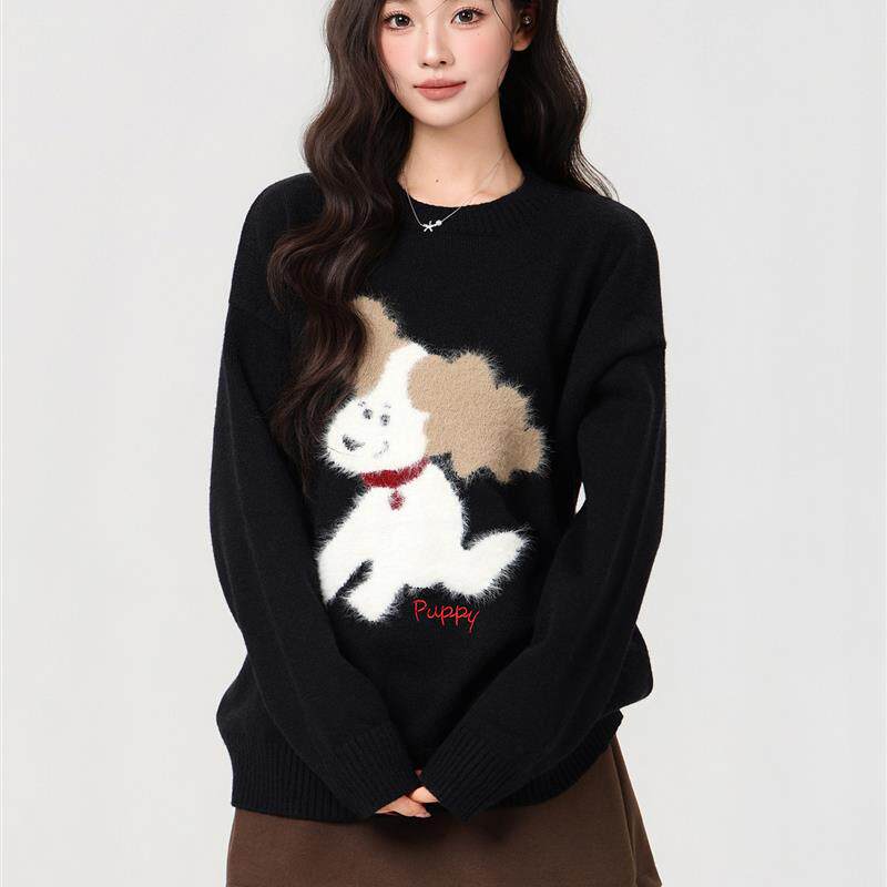 黑色甜美可爱小狗刺绣套头毛衣女毛衣