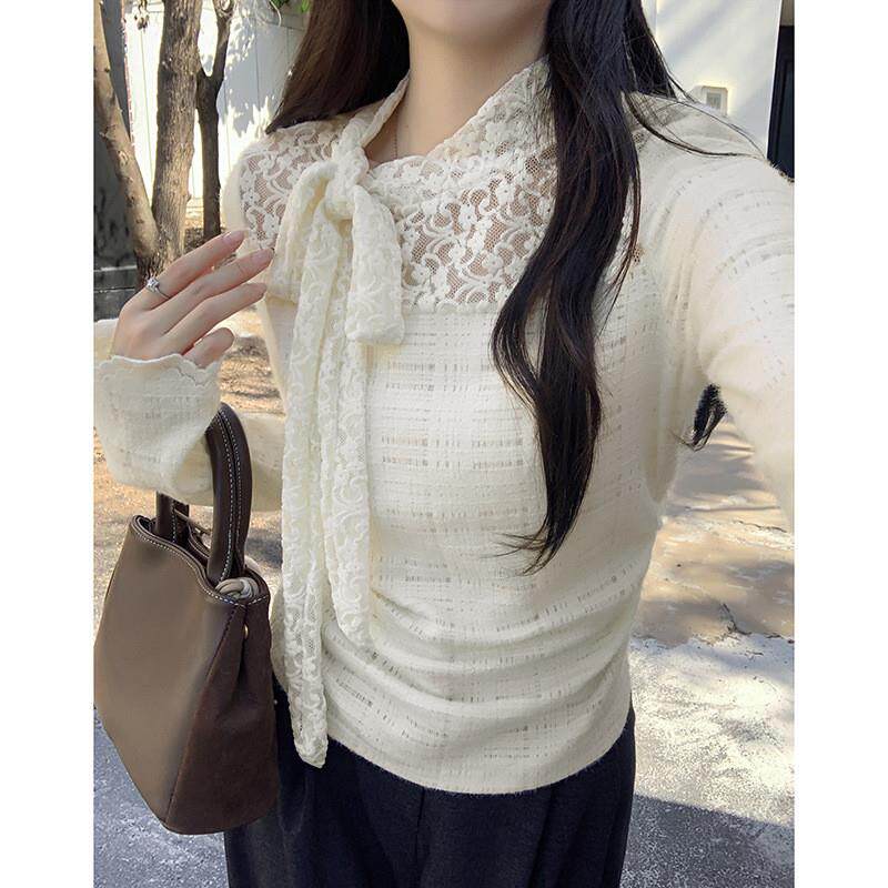 法式蕾丝纱网半高领长袖打底衫女秋冬新款镂空系带气质上衣