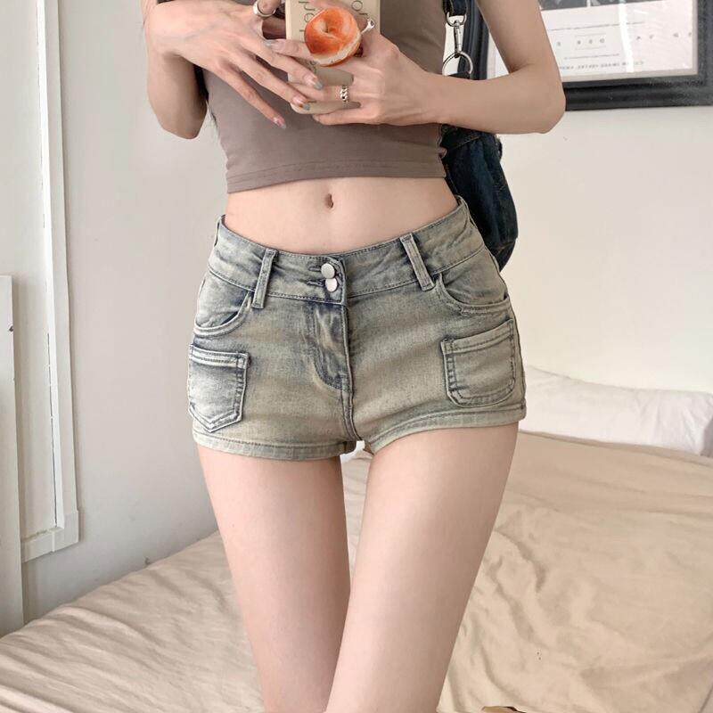 美式辣妹牛仔超短裤女2025年春夏修身显瘦包臀热裤复古浅色直筒裤