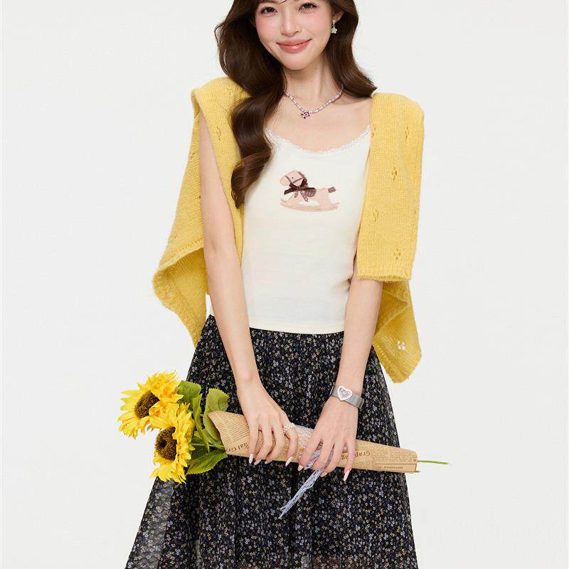 复古小马印花蝴蝶结吊带背心女2026夏季辣妹内搭蕾丝花边显瘦上衣