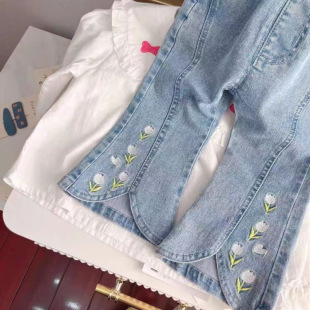 子 宝宝弹力超软牛仔裤 女童春秋浅蓝色刺绣牛仔喇叭裤 儿童洋气长裤