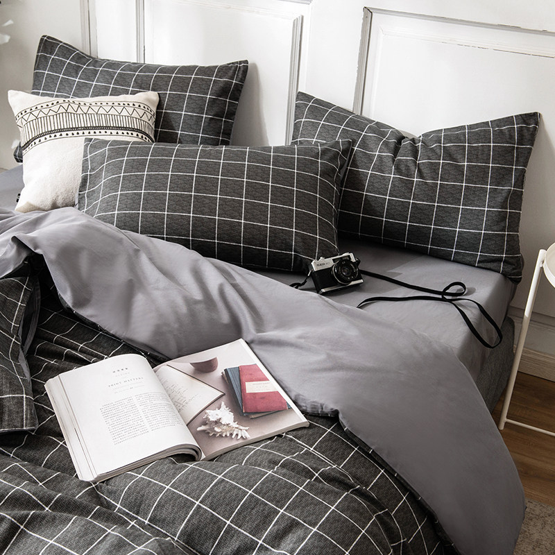男生格子纯棉四件套全棉被套床笠床单人床上用品三件套大学生宿舍