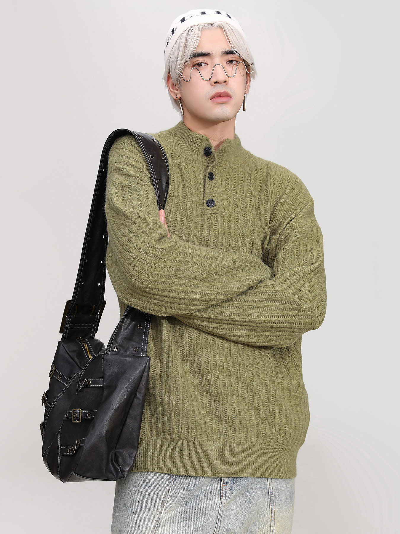 AUTUMN AND WINTER HENLEY COLLAR SWEATER BOYS BLACK TRENDY LOOSE PULLOVER LAZY STYLE THICKENED KNIT JACKET