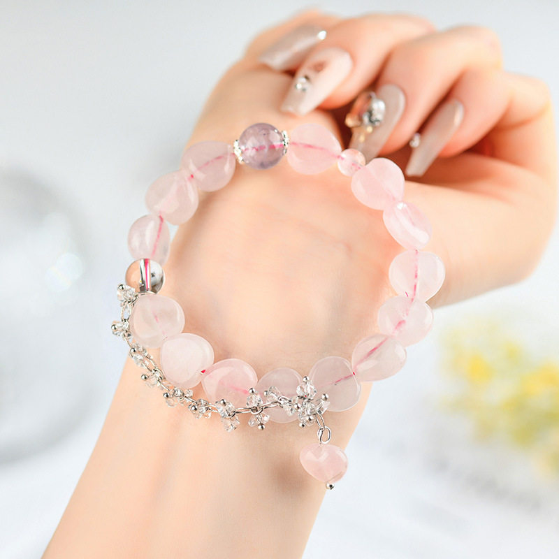 天然水晶粉晶爱心手链薰衣草紫水晶清新甜美女款手串饰品礼物