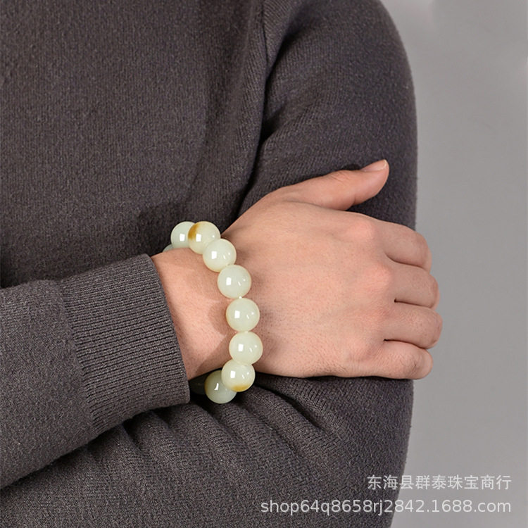 新疆和田玉且末糖白玉圆珠手串男女款玉石糖白俏色手链珠链饰品