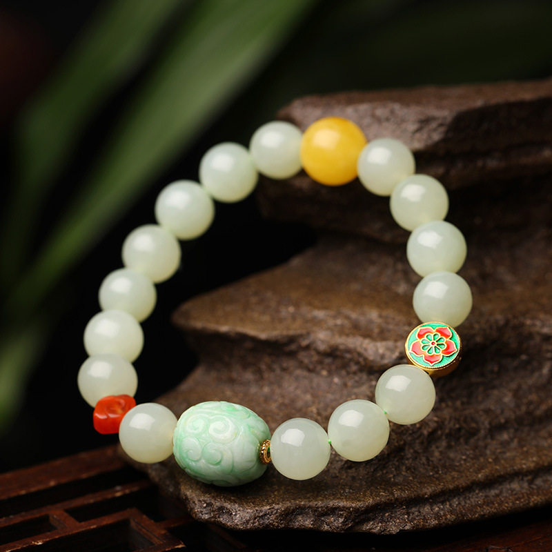 天然和田玉手串女款南红翡翠回纹珠蜜蜡景泰蓝配饰玉石手链10mm珠