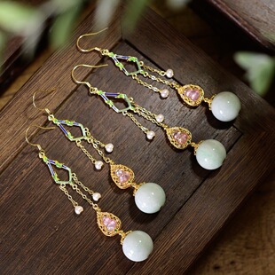 新中式天然A货豆绿翡翠耳环耳坠925银镀金镶嵌粉碧玺葫芦珍珠耳饰