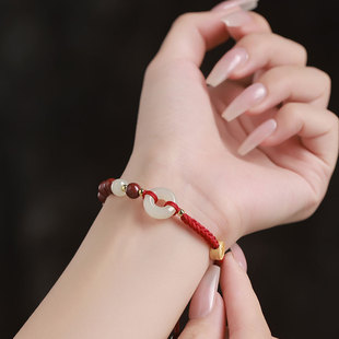 保真朱砂手串女和田玉平安扣S925银红绳手链男生本命年编织手绳