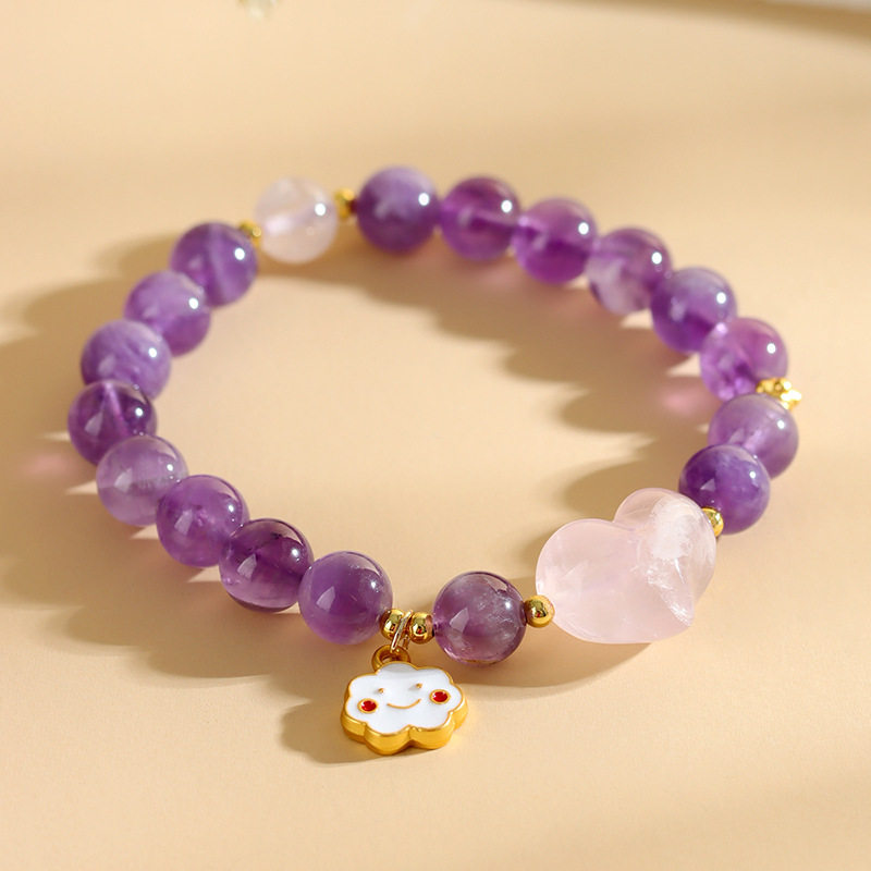 天然梦幻紫水晶屁桃粉晶爱心手链时尚原创新款女士款手串饰品