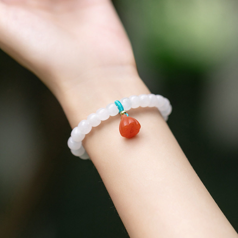 女款和田白玉莲蓬手链 7*8老型珠手串 南红莲蓬吊坠单圈