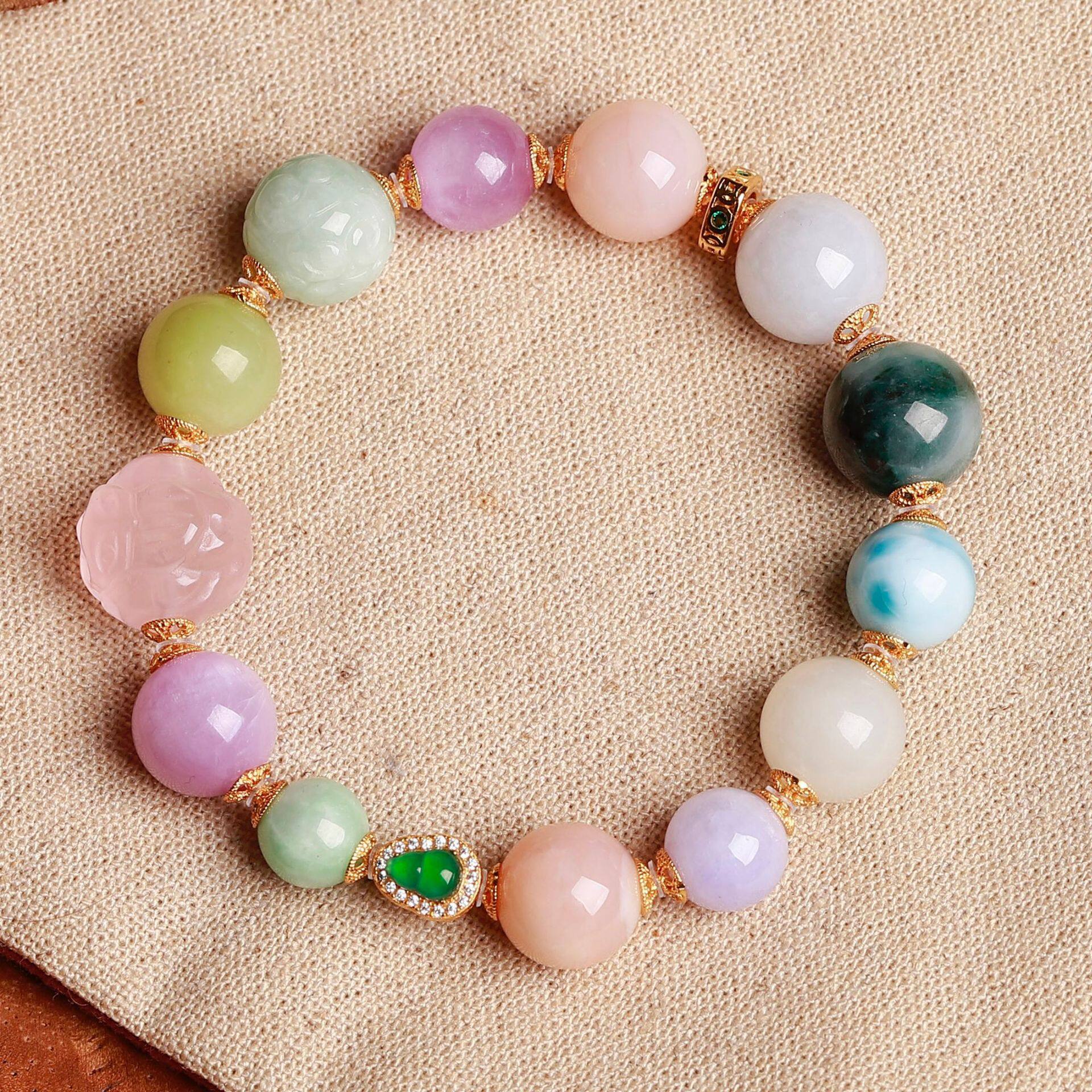 天然多宝水晶手串女粉晶和田玉翡翠葫芦紫锂辉海纹石手链