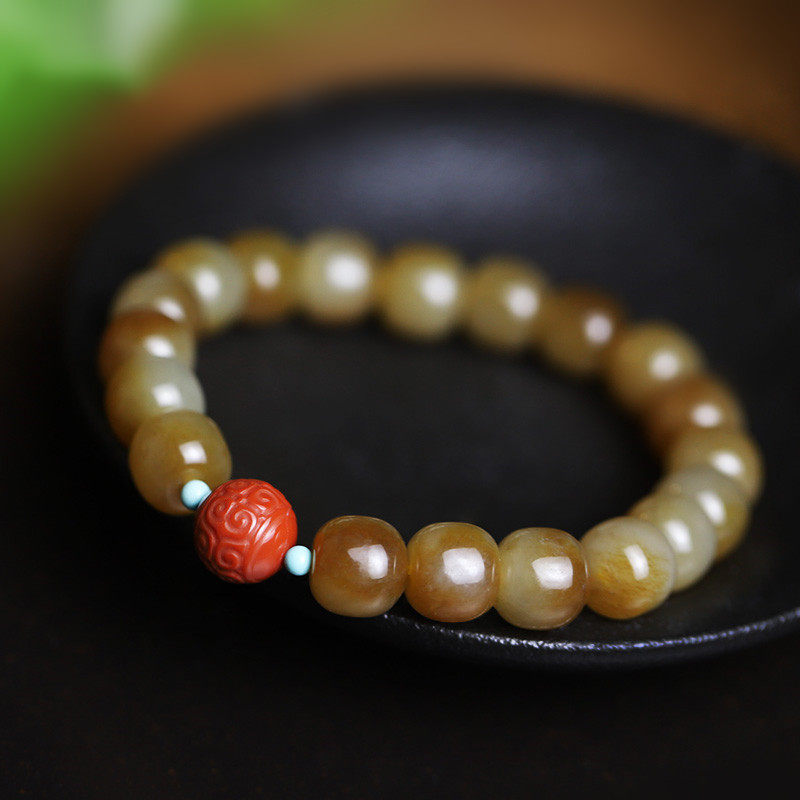 和田玉糖白玉手串9*10mm老型珠单圈DIY女南红回纹珠简约饰品手链