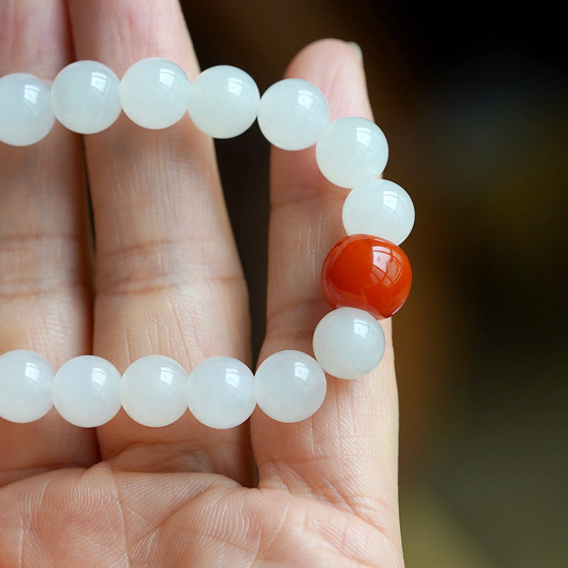 和田玉白玉手串8mm单圈手串DIY女款搭配南红福坠手链饰品小清新