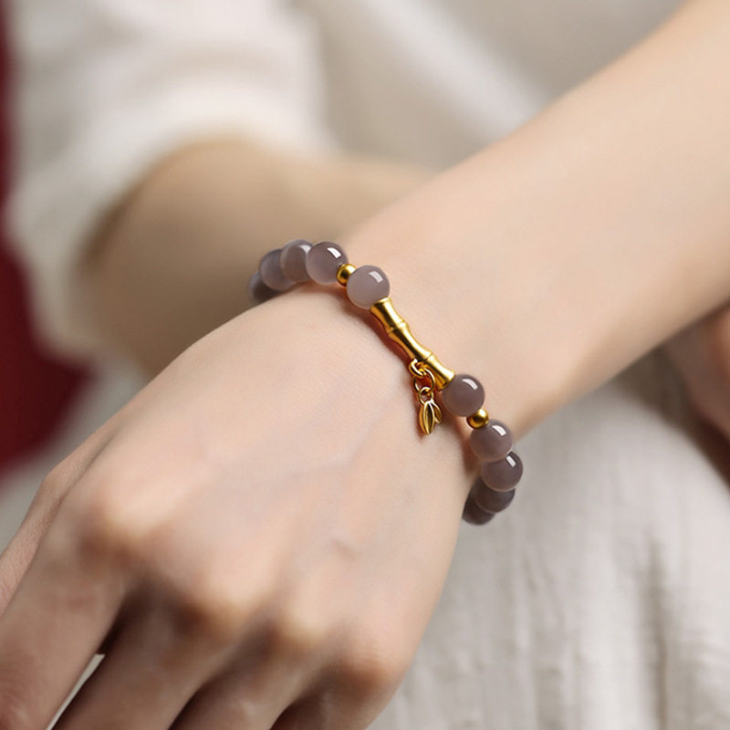 天然和田玉手链女款烟紫玉手串女士S925纯银竹节手镯佛珠串珠礼物