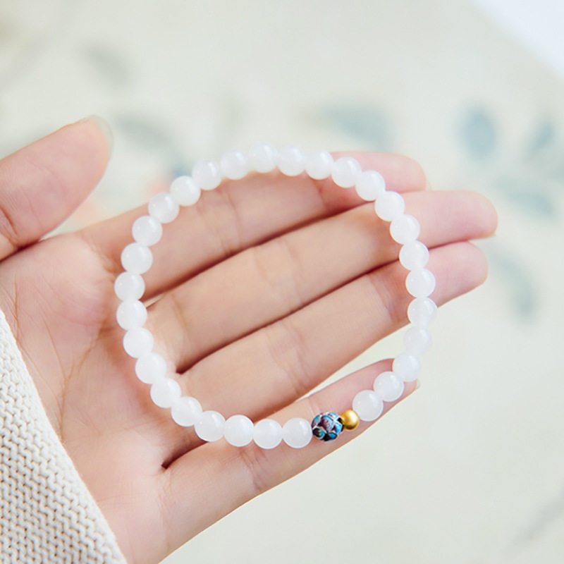 和田玉手串 羊脂白玉圆珠翡翠手链 新中式莲花串珠 莲白 直销