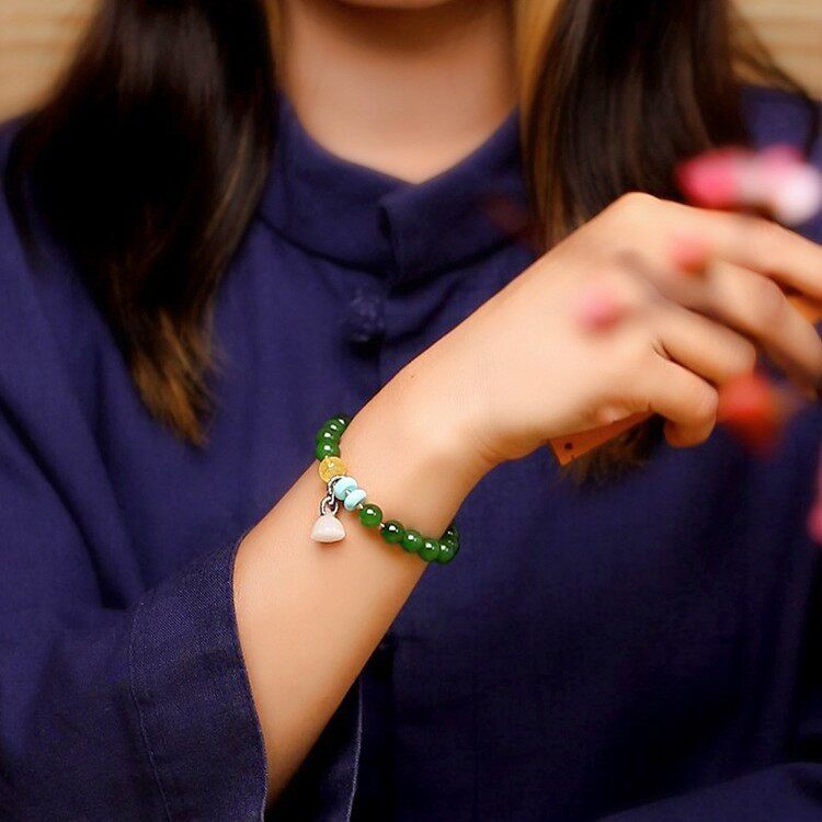 天然和田碧玉手串女款DIY玉石菠菜绿珠子多子多福白玉手链饰品8mm