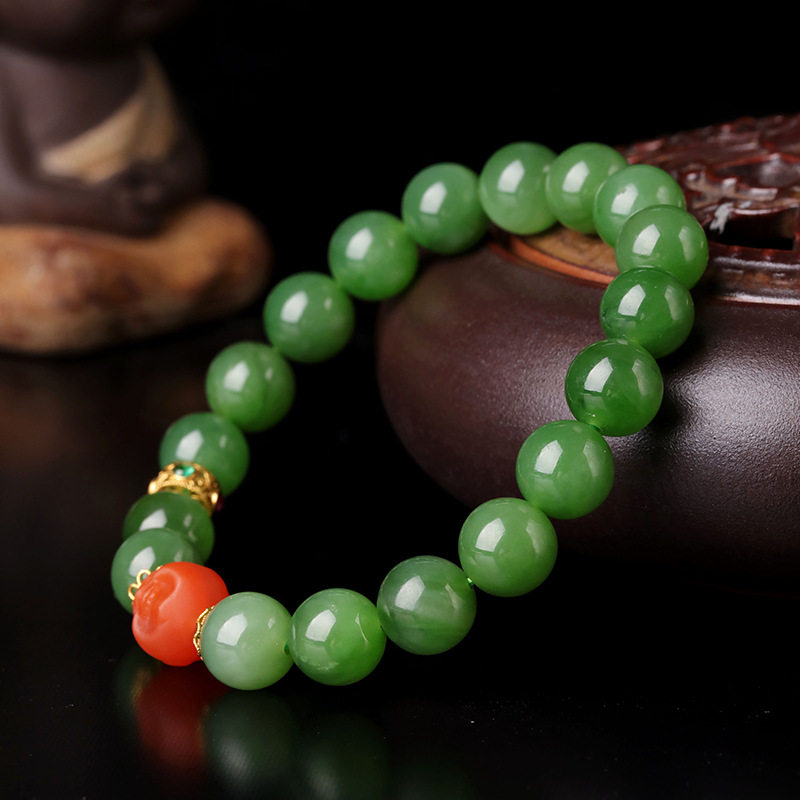 天然和田玉手串女单圈碧玉DIY手链民族风南红佛公玉石手饰圆珠9mm