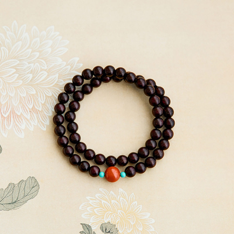 小叶紫檀绿松石手串女木质双圈南红文艺复古直销