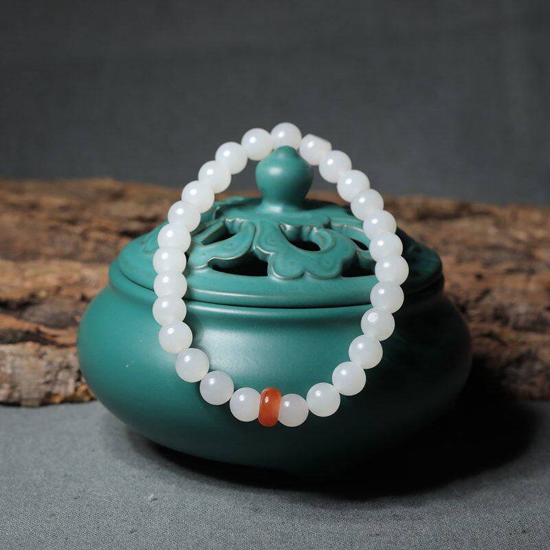 天然和田玉白玉8mm圆珠单圈手串手链原创DIY女款搭配南红小清新