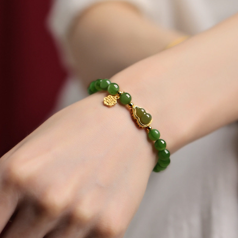 天然和田玉菠菜绿碧玉手串女款S925纯银葫芦手链玉石手饰轻奢小众