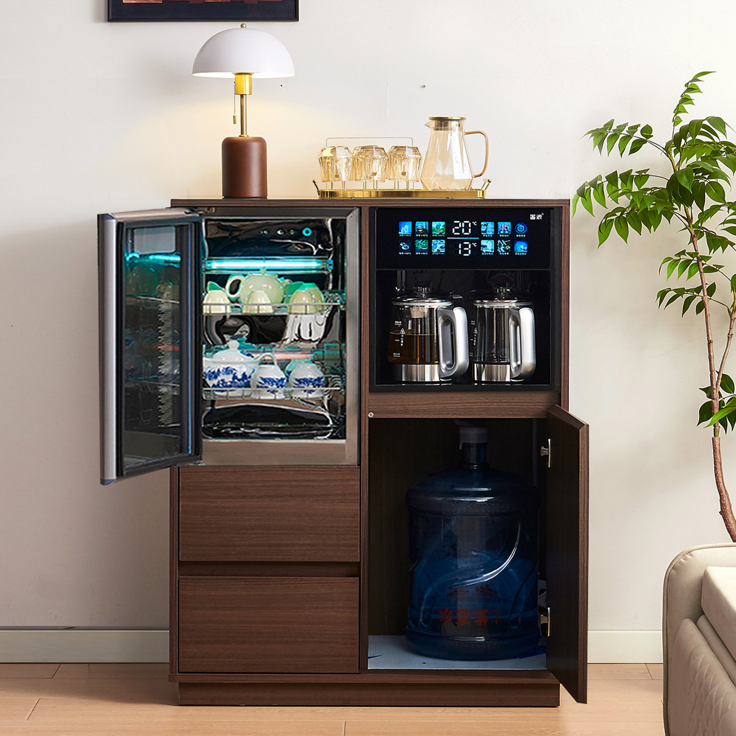 2026新款茶吧机家用高端带冰箱冷藏智能消毒中式饮水机置物柜一体