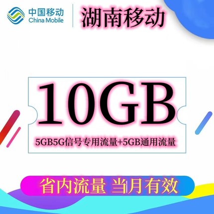 中国移动流量湖南移动省内专用叠加包10GB 流量包5G流量 当月有效