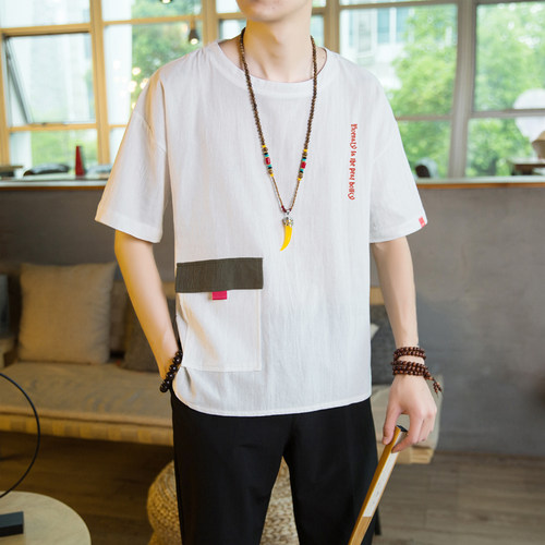 男士短袖t恤亚麻打底衫内搭男半袖2022年新款夏季宽松白色上衣服