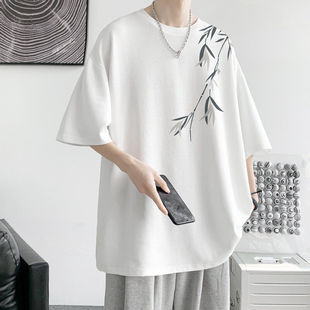 新中式竹子刺绣短袖男夏季圆领国潮t恤男生打底衫新款中国风半袖