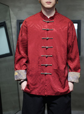 红色衬衫男长袖提花中山装外套秋季中国风男装衬衣新中式唐装汉服