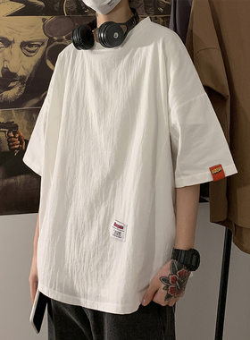 棉麻t恤男短袖夏季亚麻工装上衣宽松情侣半袖oversizet恤白色卫衣