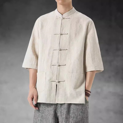 棉麻短袖t恤男2025新款亚麻盘扣中式男装中国风套装休闲男士夏装