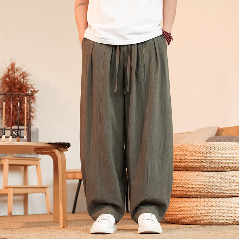 弯刀裤亚麻裤子男款秋季薄款运动裤宽松大码棉麻透气灯笼阔腿裤