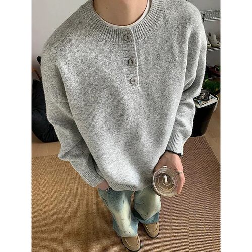 灰色美式亨利领毛衣男款秋季高级感慵懒风打底针织衫cleanfit内搭