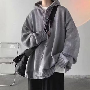 高领连帽毛衣男春秋季慵懒风针织衫卫衣oversize潮牌重磅男士外套