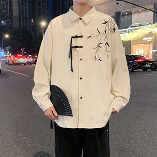 中国风男装新中式长袖衬衫国潮刺绣衬衣男生订婚穿搭改良汉服唐装