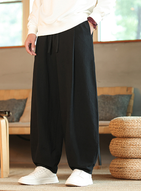 棉麻灯笼裤男黑色古装汉服裤子民国风唐装道裤武士舞蹈演出长裤老