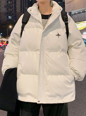 白色pu皮棉服男2024冬季新款立领面包服潮牌加厚棉衣棉袄夹克外套