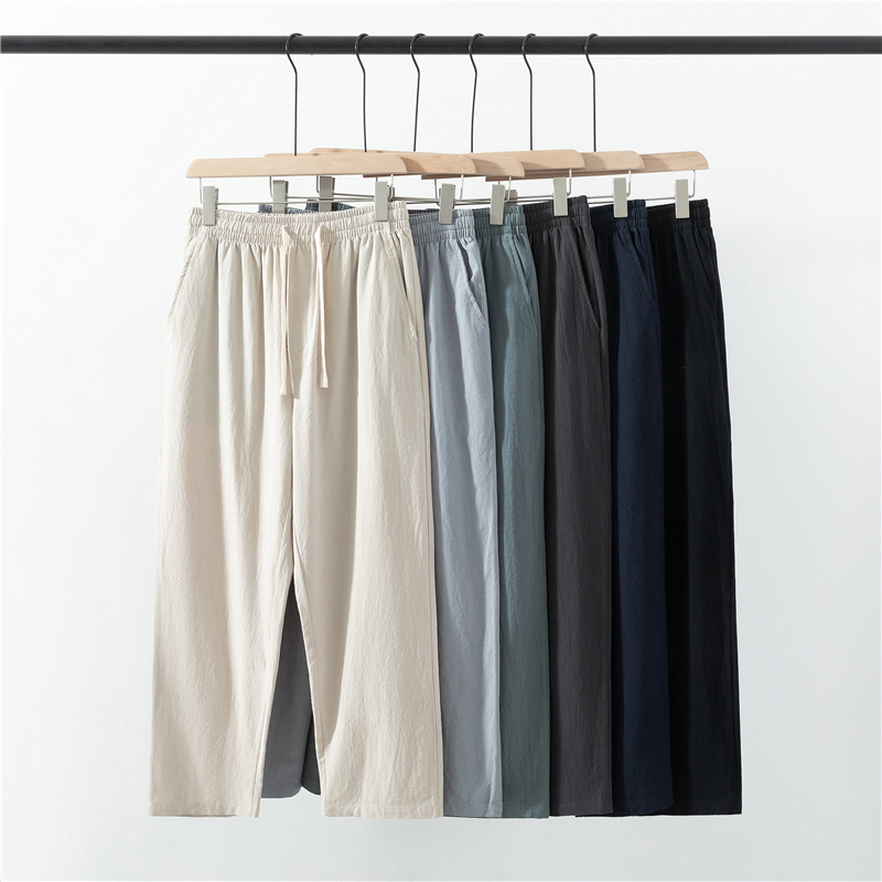 简约男士亚麻裤宽松薄款透气棉麻裤松紧时尚直筒麻布休闲长裤子潮