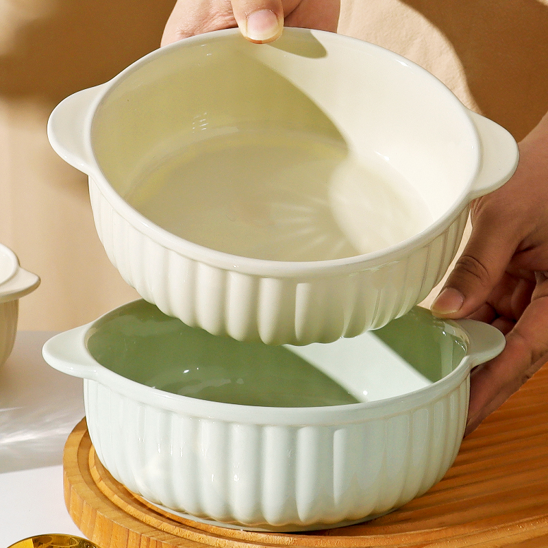 双耳空气炸锅烤碗陶瓷盘家用微波炉专用碗蒸蛋碗焗饭碗高颜值烤盘