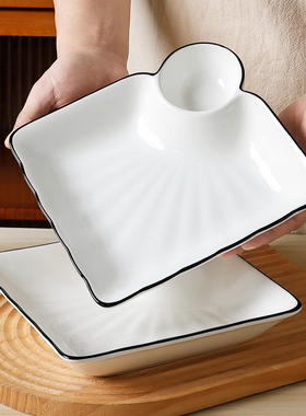 简约饺子盘家用盘子带醋碟釉下彩创意陶瓷寿司盘子母盘水饺盘方形