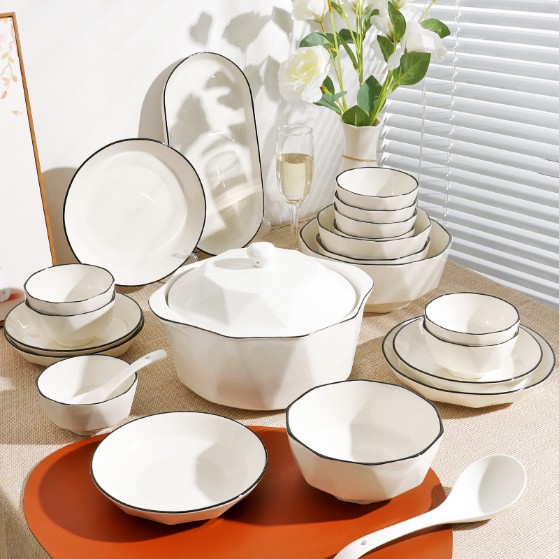 简约北欧风黑线4-10人陶瓷碗碟套装家用碗盘碗筷餐具百合送礼组合