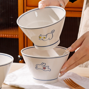 新中式2026家用陶瓷碗5英寸斗笠碗日常饭碗面碗手绘可爱卡通图案