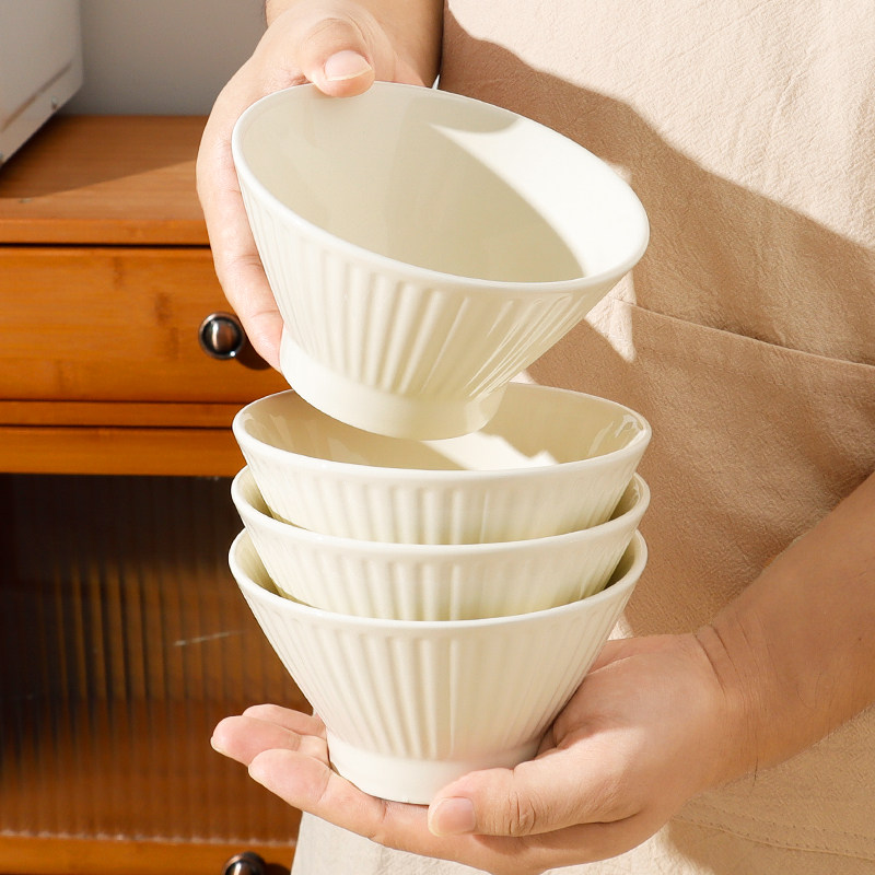 【19.8元6只】奶油风米饭小碗家用2024新款陶瓷高脚斗笠碗5寸奶白
